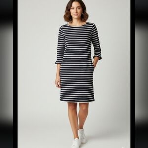 Barbour Wharf Nautical Stripe 3/4 Sleeve Jersey Shift Dress Pockets - Size 4
